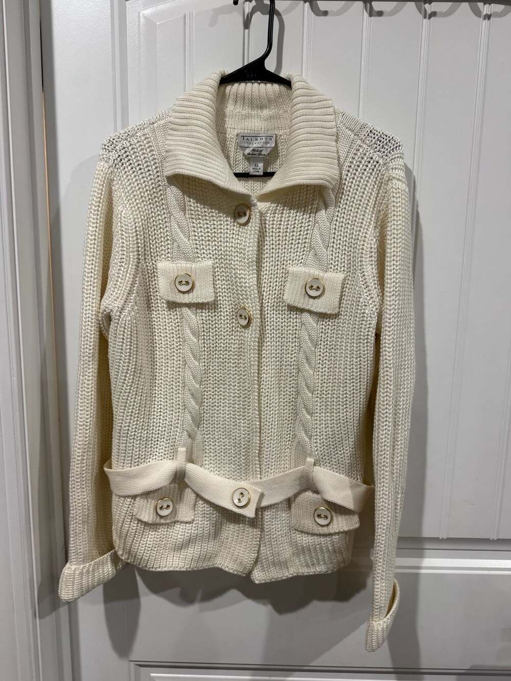 Talbots Collection Made of Italian Yarn Cream Cable Knit Belted Cardigan Jacket - Picture 2 of 7